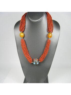 Multistrand Red Coral Seed Beaded Necklace Silver Tone Boho Ethnic 23 in